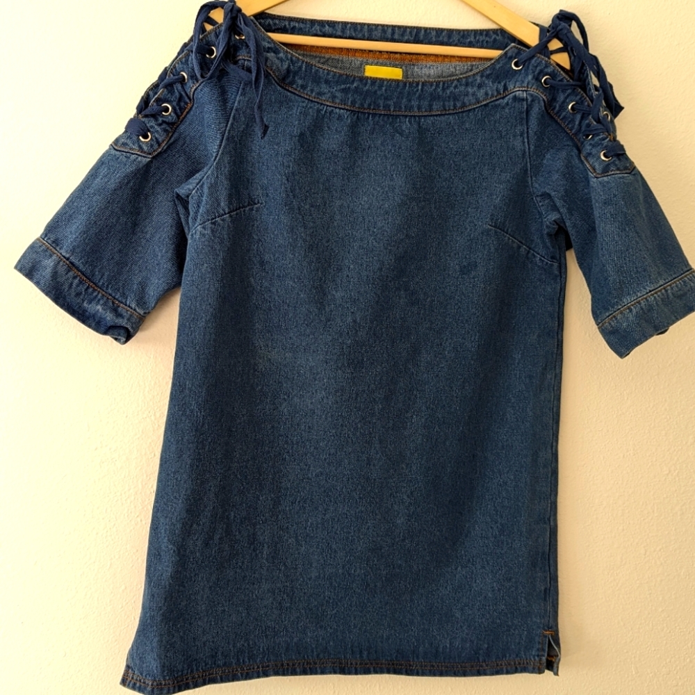 Maeve Denim Cold-Shoulder Lace-Up Dress in Dark Blue